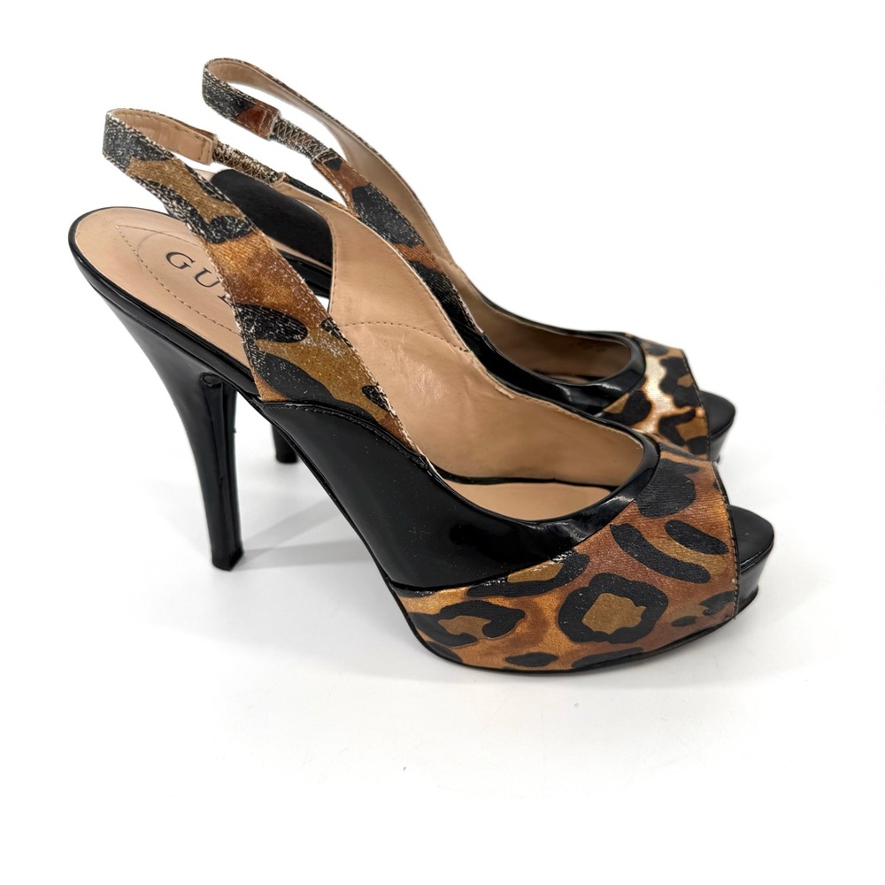 Guess Black and Brown Slingback Heels with Animal Print